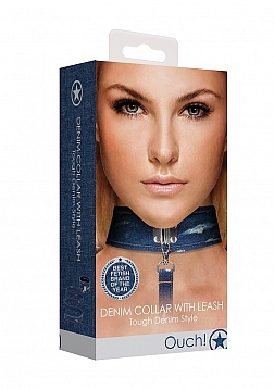 Ouch! - Denim Collar - With Leash - Roughend Denim Style - Blue