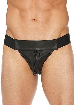 Striped Front Leather Jock Strap with Zipper - S/M