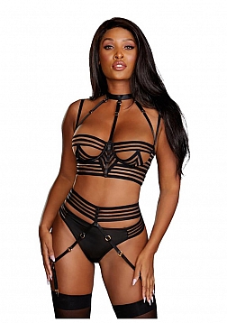 Sheer Striped Bra, Garter Belt and G-String Set - S