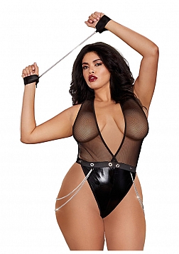 Faux-Leather Deep Plunge Halter Teddy - Plus Size