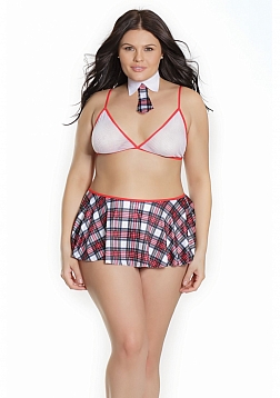 School Girl Bralette with Skirt & Collar - White/Red