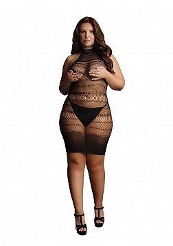 High Lace Neck Net Mini Dress - Plus Size