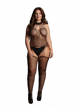 Suspender Fishnet Choker Bodystocking - Plus Size