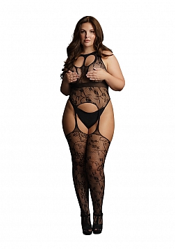 Lace Suspender Bodystocking with Round Neck - Plus Size