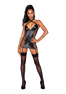 Zipper Fihsnet/Faux Leather Garter Slip - One Size