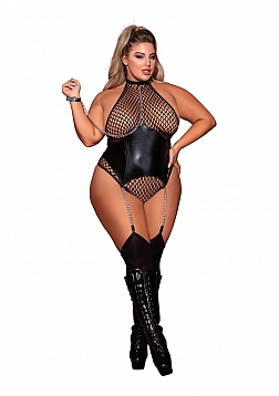 Fishnet Teddy W/Chain Leash - Plus Size