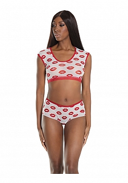 Crop Top and Shorts with Lip Print - One Size