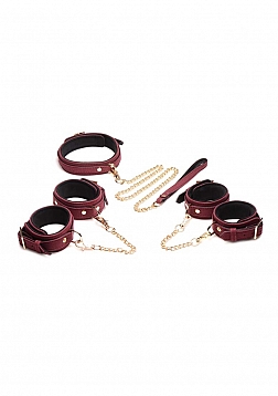 6-Piece Velvet Burgundy Bondage Set with Cuffs, Collar and Belt