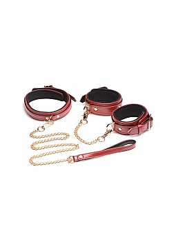 6-Piece Burgundy Bondage Set with Cuffs, Collar and Belt