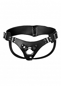 Leather Corset Back Strap On Dildo Harness - Black