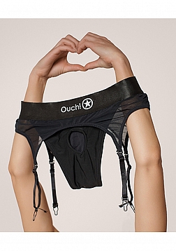 Ouch! - Vibrating Strap-on Thong with Adjustable Garters - Black - M/L
