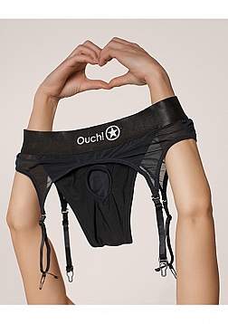 Ouch! - Vibrating Strap-on Thong with Adjustable Garters - Black - XL/XXL