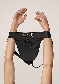 Ouch! - Vibrating Strap-on Panty Harness with Open Back - Black - M/L