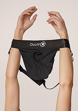 Ouch! - Vibrating Strap-on Panty Harness with Open Back - Black - XS/S