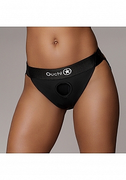 Ouch! - Vibrating Strap-on Panty Harness with Open Back - Black - M/L