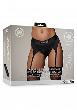 Ouch! - Vibrating Strap-on Thong with Adjustable Garters - Black - M/L