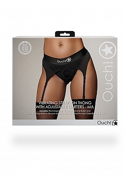 Ouch! - Vibrating Strap-on Thong with Adjustable Garters - Black - M/L