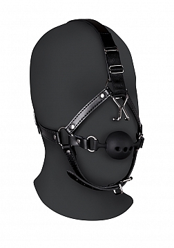 Head Harness with Breathable Ball Gag and Nose Hooks - Black