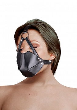 Head Harness with Mouth Cover and Breathable Ball Gag - Black