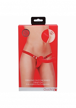 Ouch! - Vibrating Silicone Ribbed Strap-On Adjustable & Rechargeable - Red