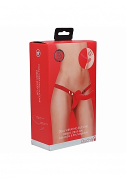 Ouch! - Dual Vibrating Silicone Ribbed Strap-On Adjustable - Red