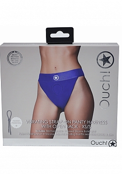 Ouch! - Vibrating Strap-on Panty Harness with Open Back - Royal Blue - M/L