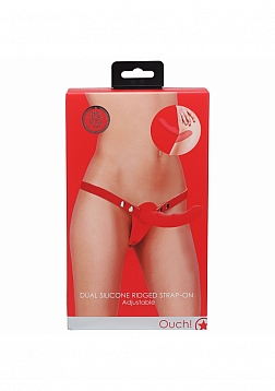 Ouch! - Dual Silicone Ribbed Strap-On Adjustable-Red