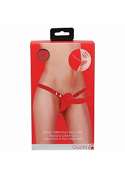 Ouch! - Dual Vibrating Silicone Ridged Strap-On Adjustable - Red