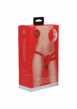 Ouch! - Dual Vibrating Silicone Ridged Strap-On Adjustable - Red