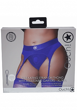 Ouch! - Vibrating Strap-on Thong with Adjustable Garters - Royal Blue - XL/XXL