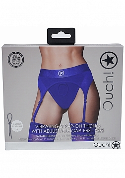 Ouch! - Vibrating Strap-on Thong with Adjustable Garters - Royal Blue - XS/S