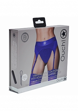 Ouch! - Vibrating Strap-on Thong with Adjustable Garters - Royal Blue - XS/S