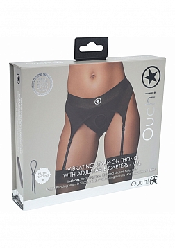 Ouch! - Vibrating Strap-on Thong with Adjustable Garters - Black - M/L