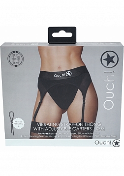 Ouch! - Vibrating Strap-on Thong with Adjustable Garters - Black - XS/S