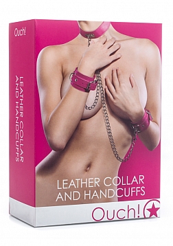 Ouch! - Leather Collar and Handcuffs - Pink