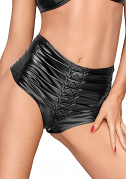 High waist wetlook shorts with handmade pleats  - Black