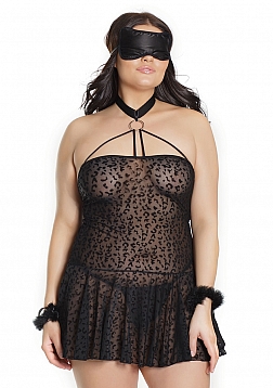 Leopard Babydoll with Handcuffs and Eye Mask - Plus Size